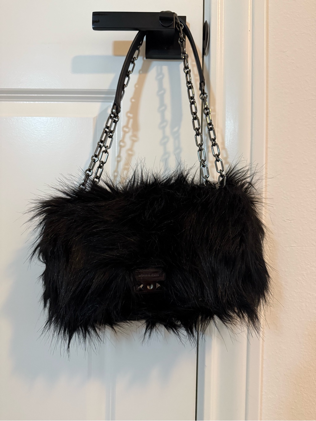 Micheal Kors Black Faux Fur Chain Strap Shoulder Bag